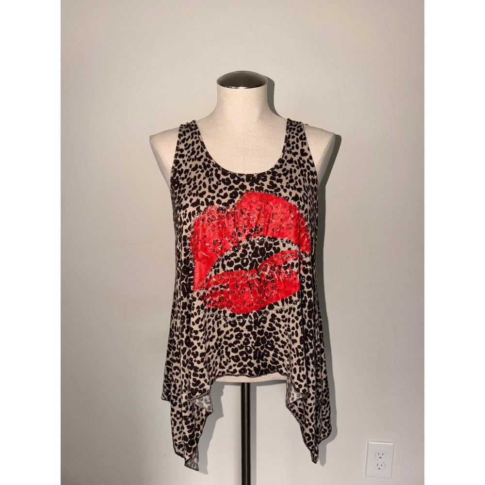 Leopard Print Lips Graphic Rhinestone Sharkbite‎ Hem Tank Top Large TA0173
